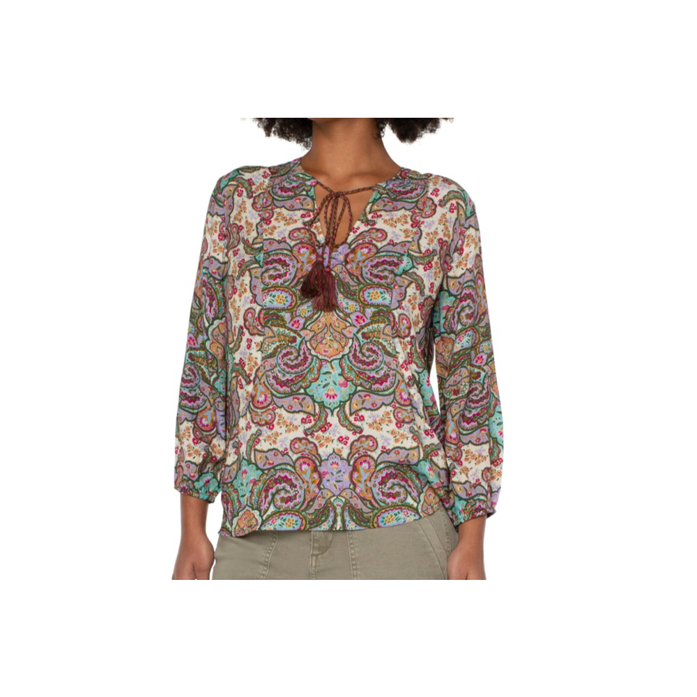 Liverpool Women's Tie Front Popover with full Sleeve Paisley Print Size Small